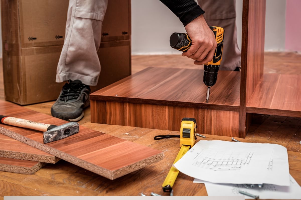A person using a power drill to assemble wooden furniture, with tools and instruction papers scattered on the floor.